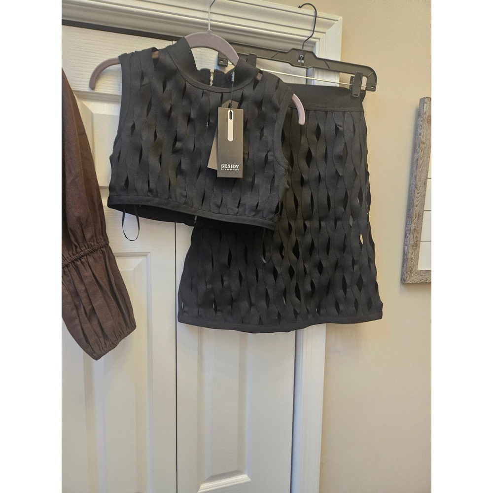 Sesidy Black Bandage Two Piece Set Lattice Crop Top and Mini Skirt NWT
